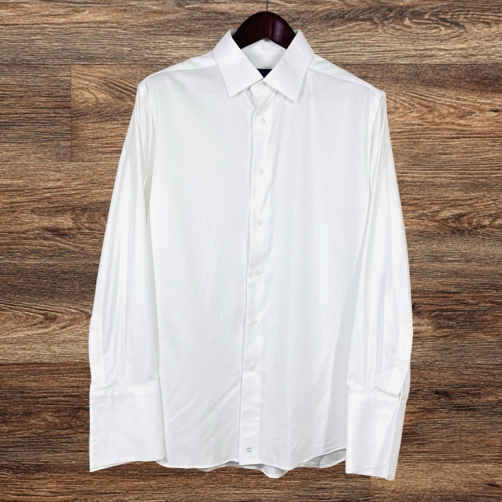 David Donahue Formal Dress Shirt Mens 16.5/L Trim Fit White Cotton Dobby Weave